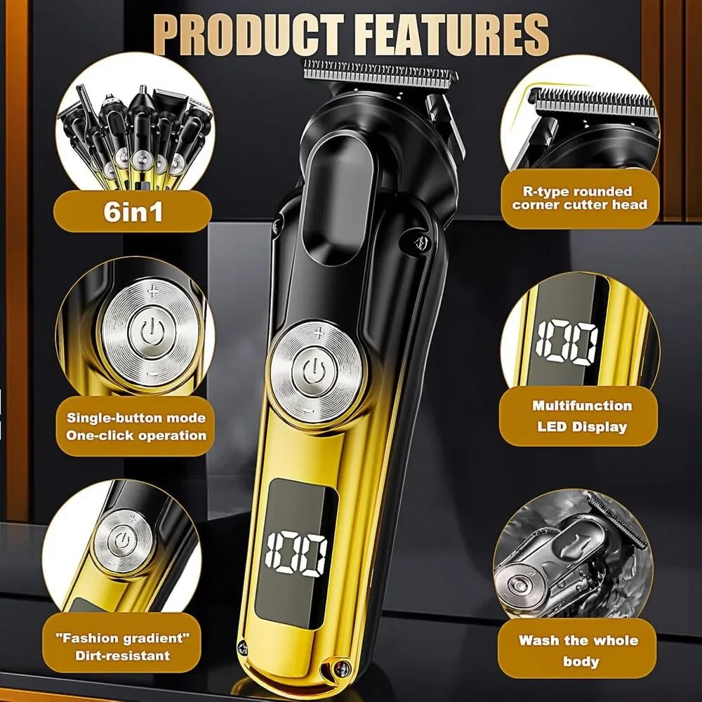 6-in-1 Men's Hair Clipper Beard Trimmer Waterproof Cordless Grooming Kit